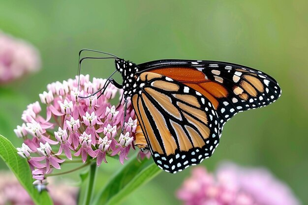 Foto la mariposa monarca se alimenta de un racimo de vibrantes coníferas