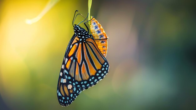 Foto una mariposa monarca emerge de su crisálida extendiendo sus alas para secarse al sol