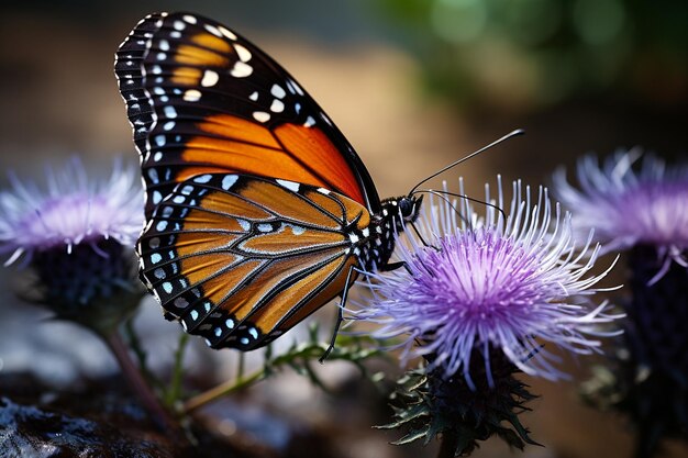 Una mariposa monarca está comiendo una flor púrpura