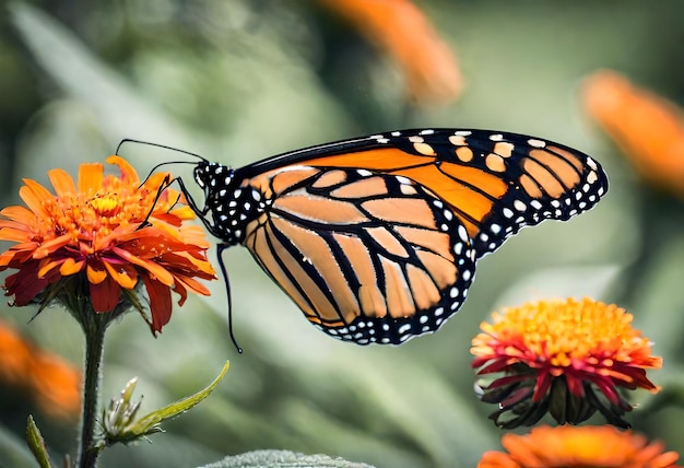 una mariposa monarca está en una flor con otras flores