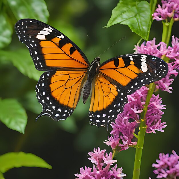 una mariposa monarca está en una flor púrpura