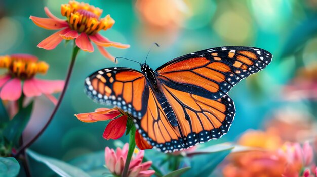 La mariposa monarca en una flor La mariposa es naranja negra y blanca La flor es rosada El fondo es verde