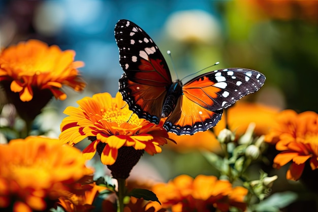 Mariposa monarca en flor naranja de verano Macro foto de hermoso insecto en la naturaleza del jardín