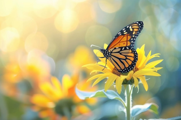 Foto la mariposa monarca en el girasol en primer plano de la naturaleza