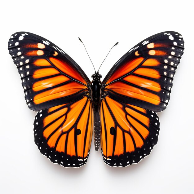 Foto mariposa monarca naranja sobre un fondo blanco