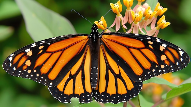 La mariposa monarca en una planta de algodón la mariposa es naranja negra y blanca con una envergadura de unas 4 pulgadas