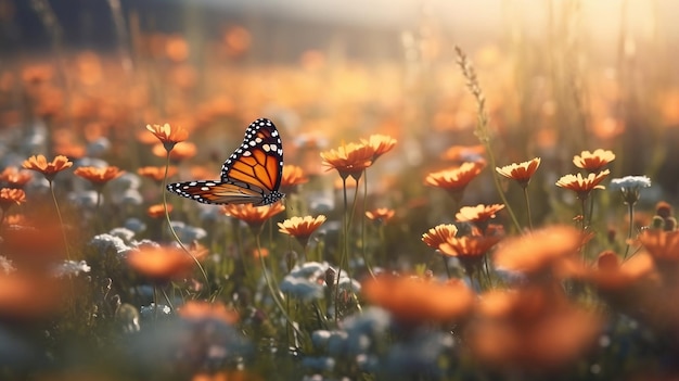 Una mariposa monarca se sienta en un campo de flores.