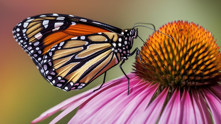 Foto una mariposa monarca se sienta en una flor.
