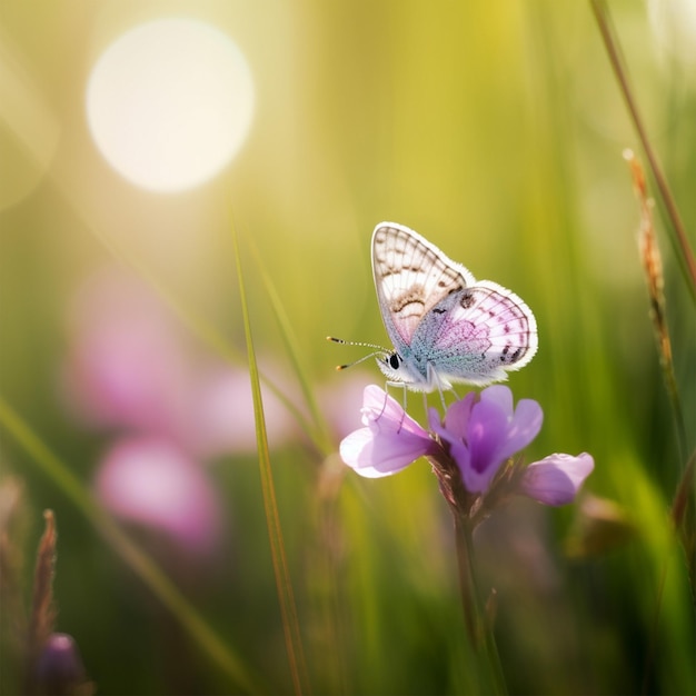 Mariposa morada en flores violetas blancas silvestres