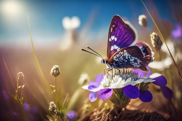 Una mariposa morada se sienta en una flor al sol