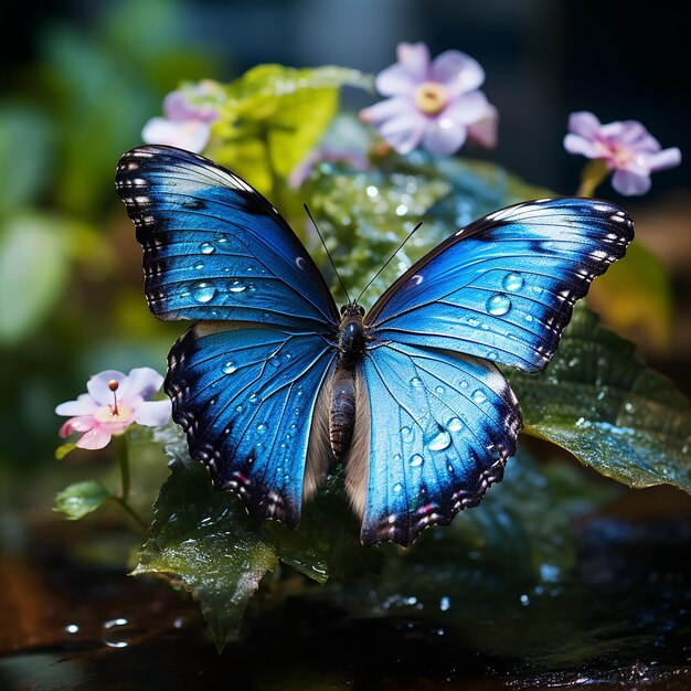 Una mariposa morfo azul con sus alas abiertas en una hoja