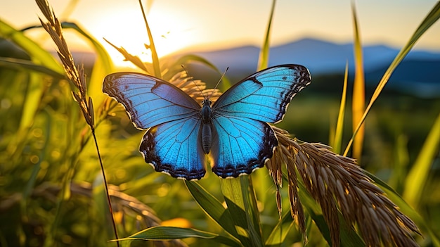 La mariposa Morpho observa el paisaje de pie en la alta hierba verde en medio de las montañas y una puesta de sol