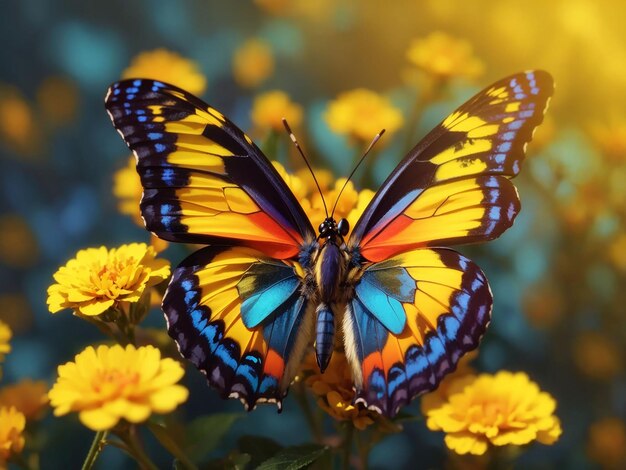 Mariposa multicolor en flor amarilla cerca de la belleza generativa ai