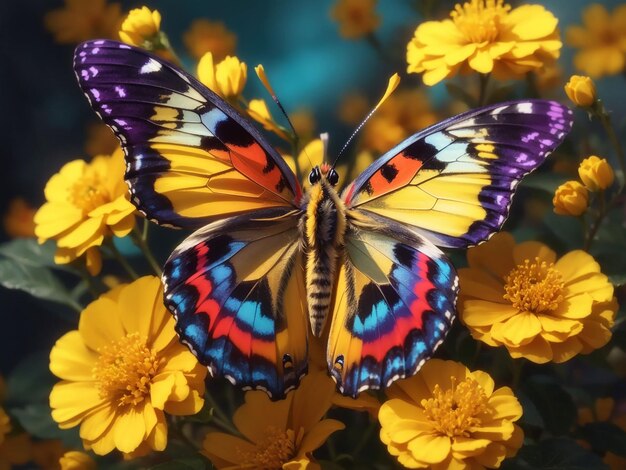 Mariposa multicolor en flor amarilla cerca de la belleza generativa ai