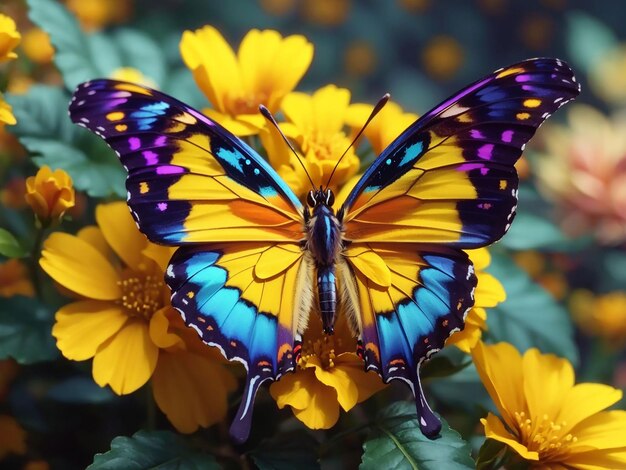 Mariposa multicolor en flor amarilla cerca de la belleza generativa ai