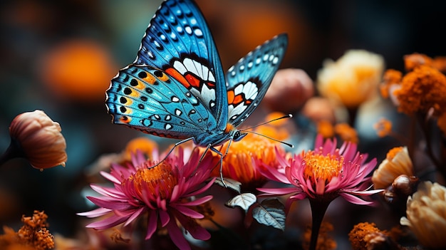 Mariposa multicolor sentada en la flor