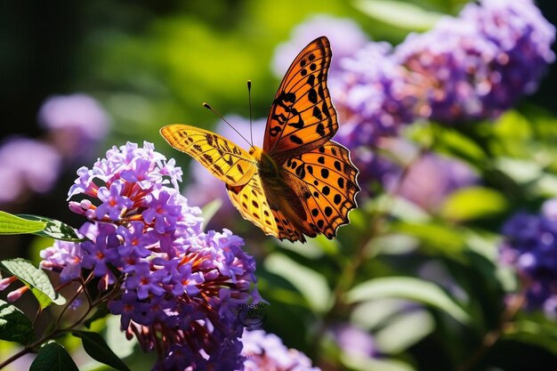 Mariposa naranja en las flores violetas