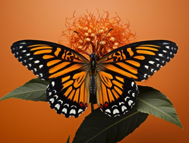 La mariposa naranja y negra encuentra consuelo en una flor vibrante