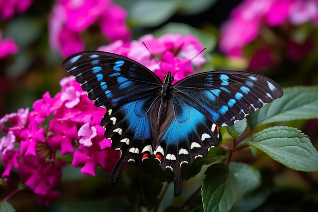 Mariposa negra y azul con alas