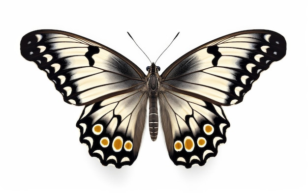 Mariposa negra y blanca sobre un fondo blanco