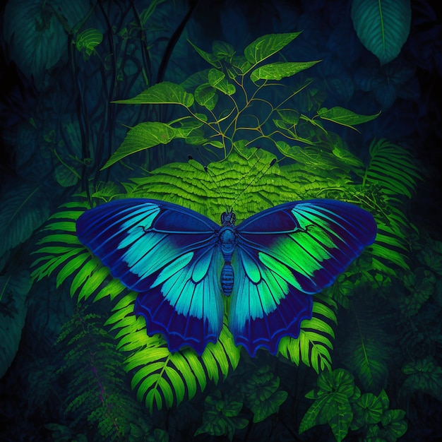 Mariposa de neón azul sobre hojas tropicales y flores sobre fondo floral oscuro