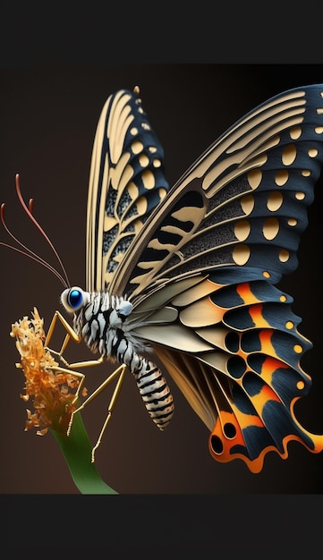 Una mariposa con ojos azules y un patrón negro y amarillo.