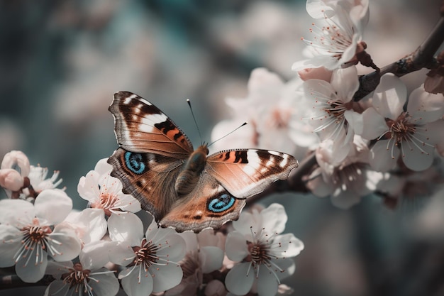 una mariposa con ojos azules posada en una rama de un árbol que apenas comienza a florecer