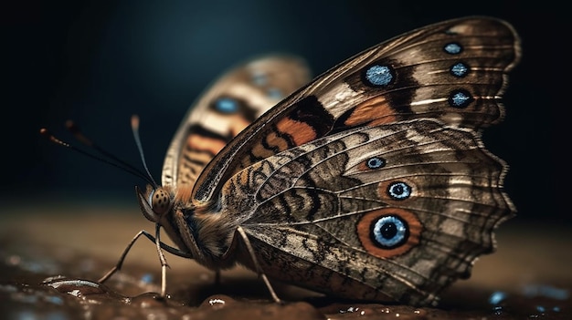 Una mariposa con ojos azules se sienta sobre una superficie húmeda.