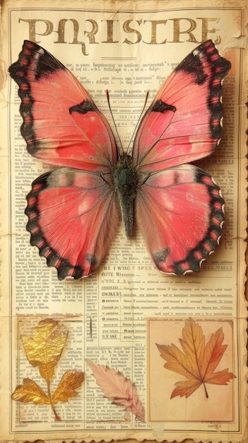 Foto una mariposa está en una página de un libro con la palabra pimistre escrita en la parte superior