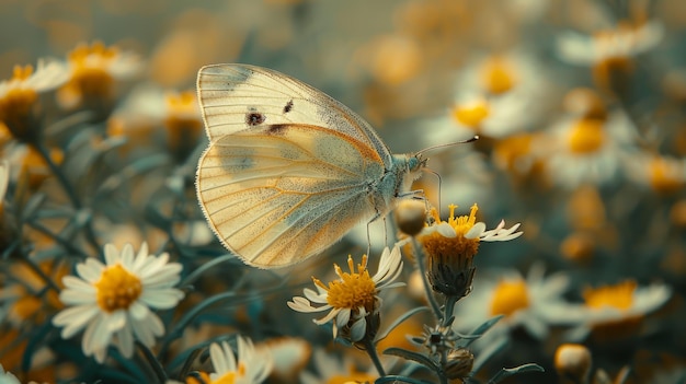 Mariposa pálida en las flores silvestres de la margarita dorada