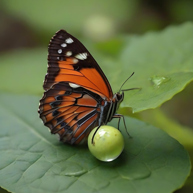 La mariposa pone cuidadosamente sus huevos en una hoja AI