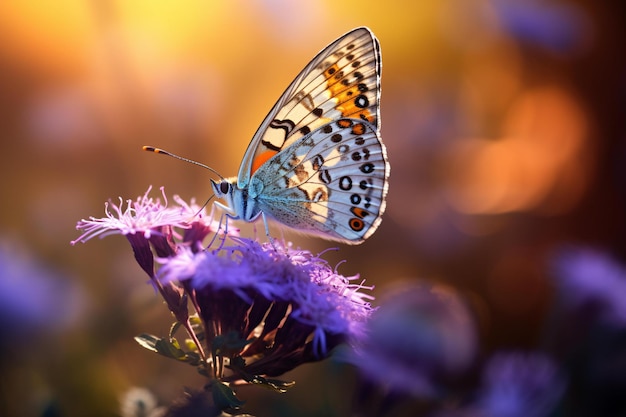 Una mariposa posada en una flor púrpura vibrante