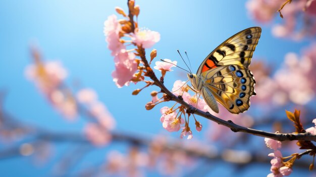 Mariposa posada en la rama de un cerezo con delicadas flores rosadas en plena floración contra un cielo azul suave