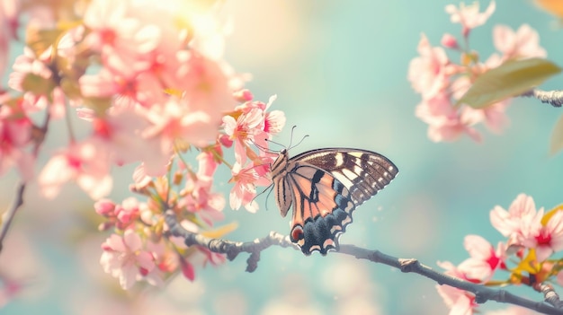 Mariposa posada en la rama de un cerezo con delicadas flores rosadas en plena floración