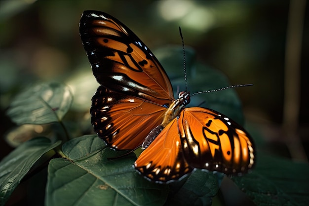 Mariposa posada sobre una hoja verde en la naturaleza