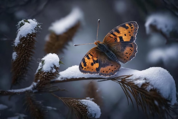 Mariposa posada sobre una ramita en un bosque cubierto de nieve