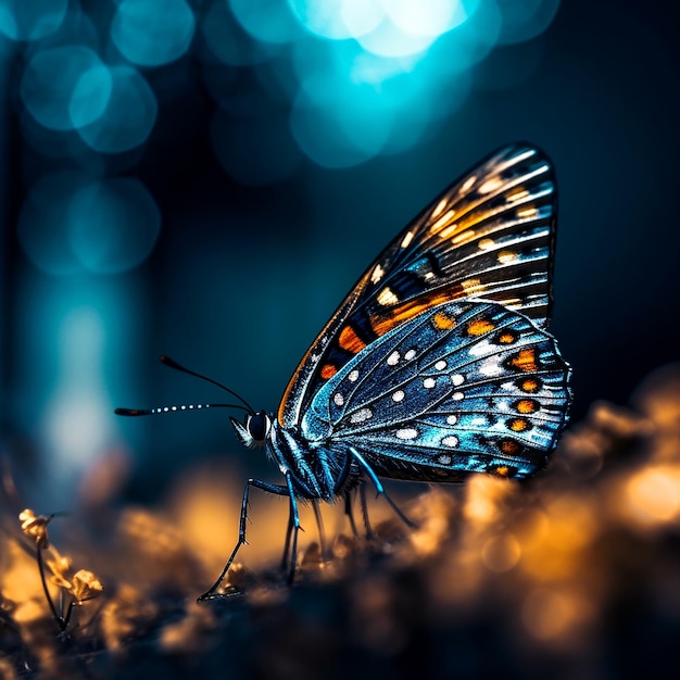 Una mariposa con puntos naranjas y azules está sobre un fondo negro