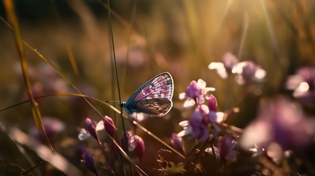 Mariposa púrpura sobre flores violetas blancas silvestres en la hierba en los rayos de la luz del sol macro