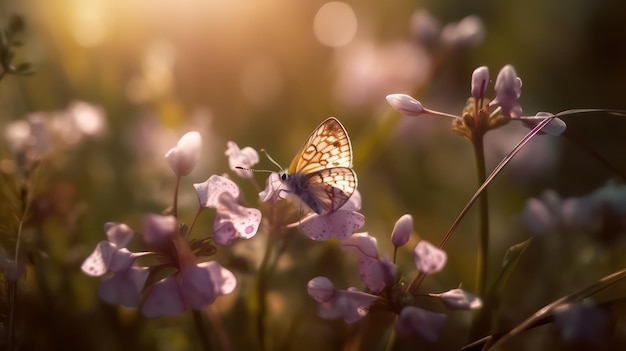 Mariposa púrpura sobre flores violetas blancas silvestres en la hierba en los rayos de la luz del sol macro