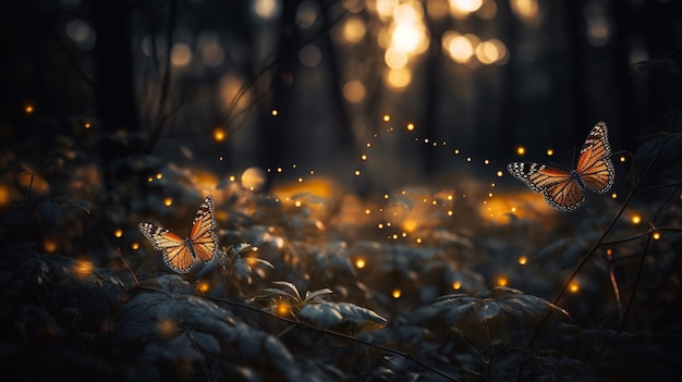 Una mariposa que brilla intensamente en el bosque con una luz en el fondo