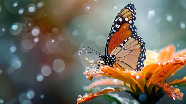 Una mariposa que emerge de una flor sus alas adornadas con gotas de lluvia brillantes y en busca de refugio