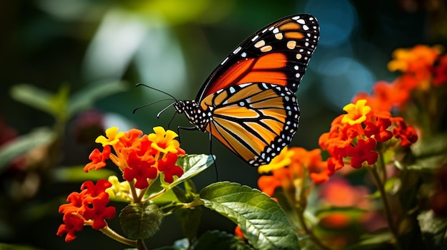 una mariposa que está en algunas flores y una mariposa