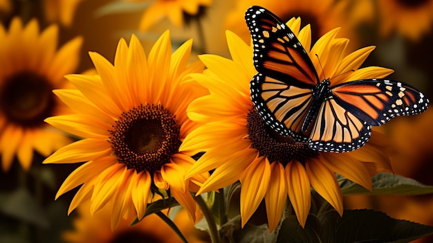 una mariposa que está en algunos girasoles