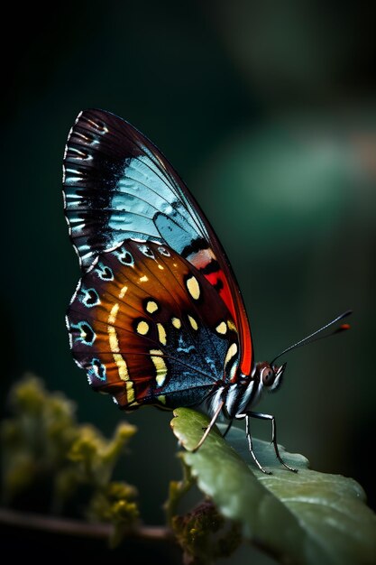 Una mariposa que está boca abajo con las alas rojas y azules.