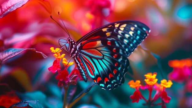 una mariposa que está en una flor con el fondo es rojo amarillo y azul