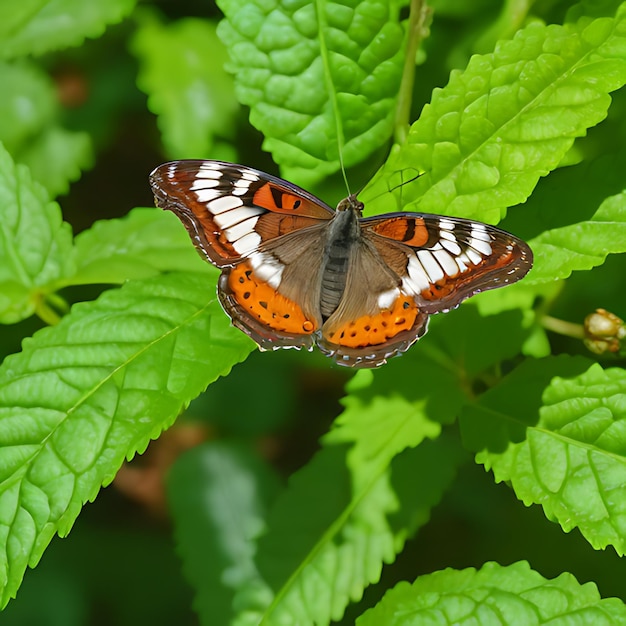 una mariposa que está en una hoja verde