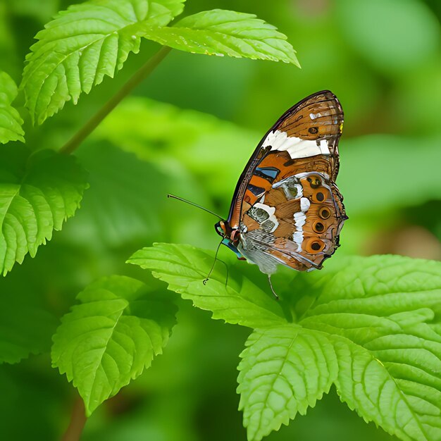 una mariposa que está en una hoja verde