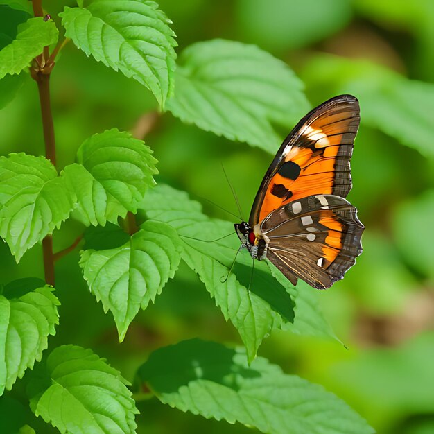 una mariposa que está en una hoja verde