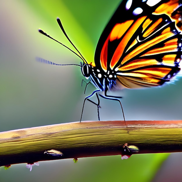 Una mariposa que está en una rama con un fondo borroso