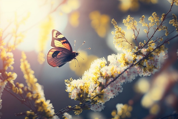 Una mariposa en una rama con flores amarillas.